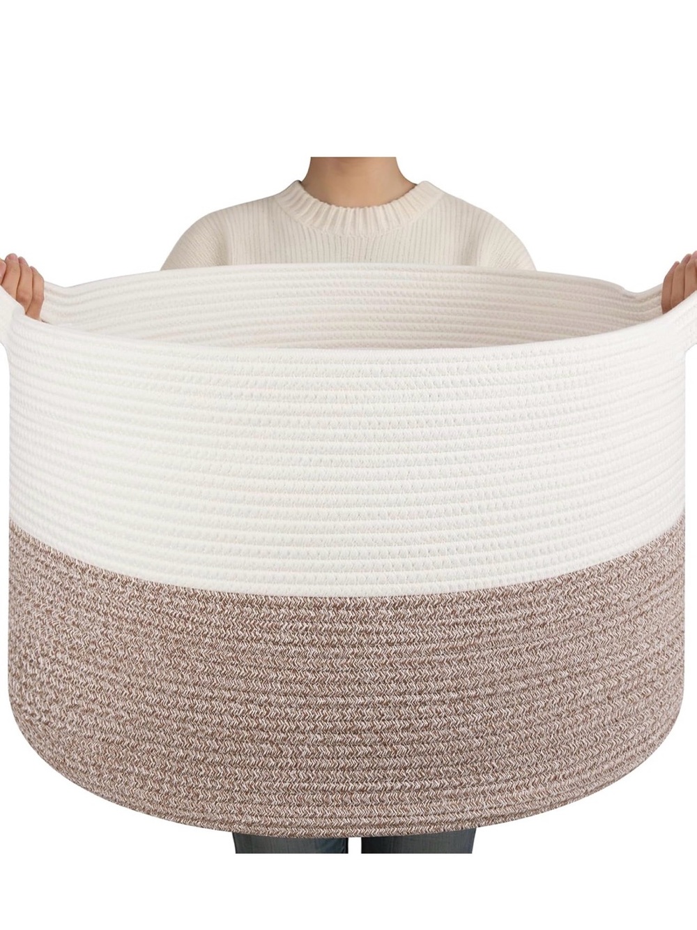 Bliss Two-Tone Woven Rope Basket in White & Tan Laundry Blankets Toys